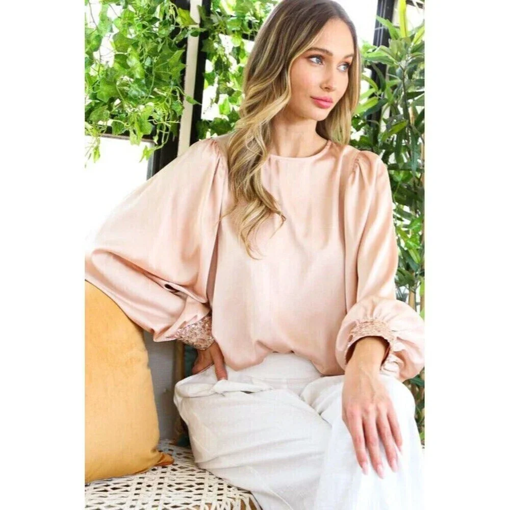 Sequin Cuff Detail Satin Blouse Top - Picture 2 of 5